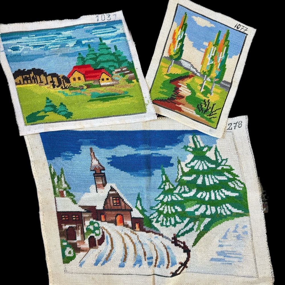 Vibrant Needlepoint Landscape Art Trio